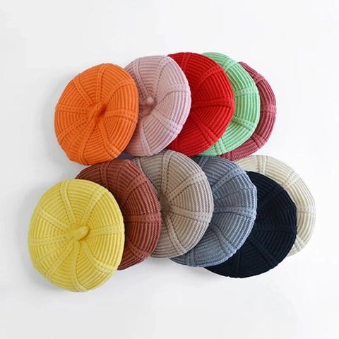 Kinderen Gebreide Baret Muts Schattig Effen Kleur Pompoen Kunstenaar Cap Winter Warm Wollen Beanie Voor Baby Meisjes Jongens Dagelijks Accessoire