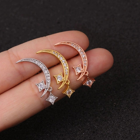 Copper Zircon Stainless Steel Ear Cartilage Helix Piercing Studs Moon Star Heart Jewelry For Women