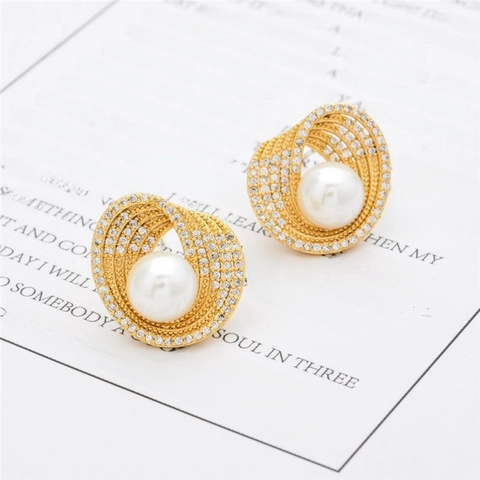 Elegant Artificial Pearl Stud Earrings Copper Real Gold Plated Helical Spiral Design AAA Zircon French Vintage Luxury Jewelry Women