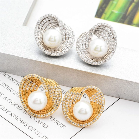 Elegant Artificial Pearl Stud Earrings Copper Real Gold Plated Helical Spiral Design AAA Zircon French Vintage Luxury Jewelry Women