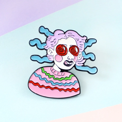 Spilla in Smalto Ragazza Cartoon Stravagante Lega Spilla a Goccia Capelli a Tagliatella Occhi a Spirale Gioielli di Moda Regalo Donna