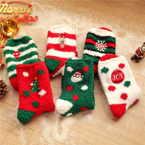 Calze Di Natale Spesse Calde Pile Di Corallo Sonno Inverno Ricamo Cartone Animato Babbo Natale Renna