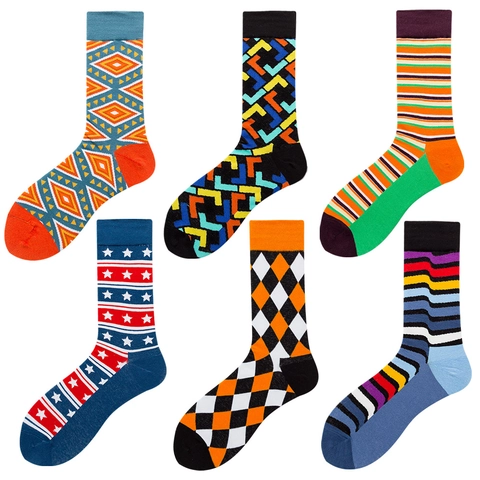 Men Crew Socks Cotton Blend Geometric Patterned Argyle Stripe Star Novelty Retro Breathable Casual Soft Socks