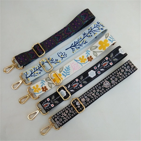 Adjustable Wide Bag Shoulder Strap Replacement Floral Ethnic Print Webbing With Gold Metal Buckles For Handbags
