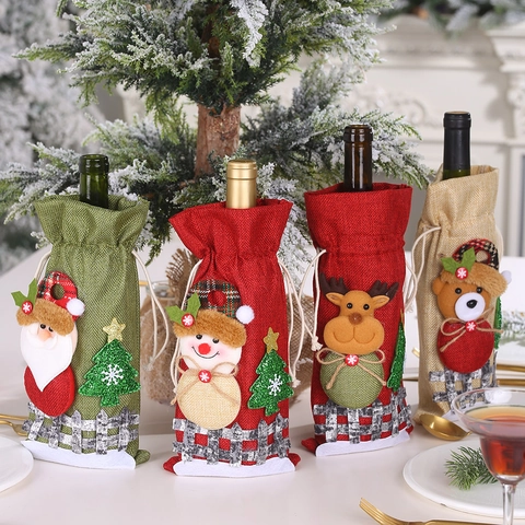 Christmas Wine Bottle Covers Burlap Linen Holiday Party Table Decor Reindeer Santa Snowman Bear Cartoon Drawstring Gift Bags