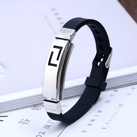 Silicone Stainless Steel Bracelet Greek Key Hollow Pattern Adjustable Buckle Wristband Unisex Jewelry
