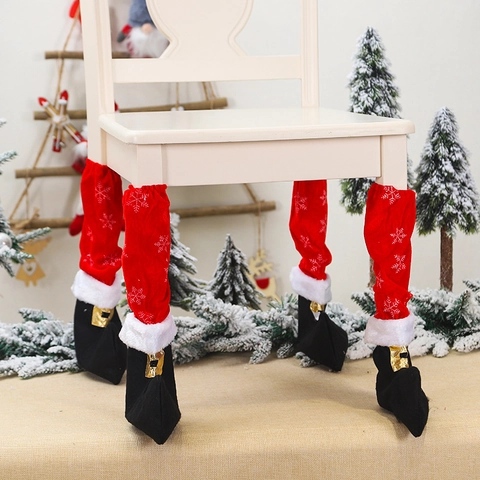 Christmas Chair Leg Covers Santa Elf Boot Shape Plush Fabric Snowflake Print Holiday Party Floor Protectors Novelty Decor