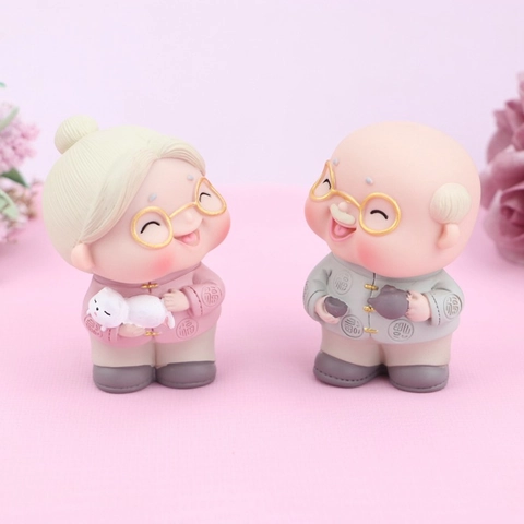 Mignonnes Figurines De Vieux Couple En Résine Grand-Mère Grand-Père Décoration De Gâteau Style Chinois Mariage