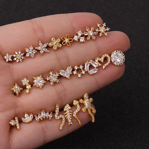 Orecchini A Lobo In Rame Zircone Acciaio Inossidabile Piercing Gioielli Helix Tragus Forme Animali Fiori