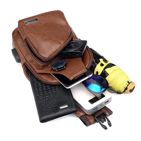 Men's Retro PU Leather Chest Bag With USB Charging Port Crossbody Sling Bag Casual Travel Shoulder Bag Multi-Pocket Pack