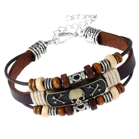 Bracciale Intrecciato in Pelle di Vacchetta Vintage Punk con Teschio per Uomo Donna Perline di Legno Regolabili Gioielli Rock