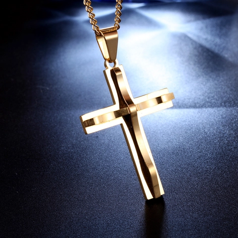 Collar Con Colgante De Cruz De Acero Inoxidable Doble Capa Joyería Religiosa Para Hombres Mujeres Estilo Punk Metal Simple
