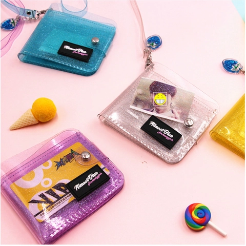 Kartenhalter Portemonnaie Transparentes PVC Glitzer Faltbar Mit Lanyard Druckknopf Verschluss Jelly Münzfach Süß Für Damen Mädchen