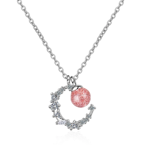 Collier Pendentif Lune En Cuivre Avec Cristal Fraise Rose Et Zircon Blanc Bijoux Romantiques Élégants Pour Femmes