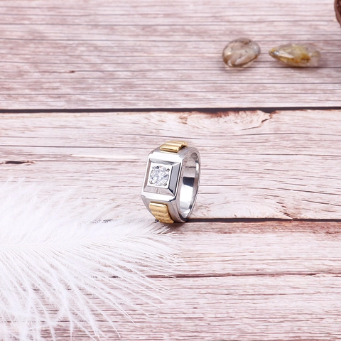 Bague En Acier Inoxydable Pour Hommes Ton Or Argent Anneau Base Carrée Zircon Rond Clair Bijoux Style Business Masculin