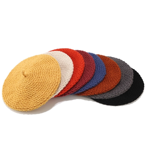 Knitted Beret Hat Crochet Chunky Yarn Winter Warm Retro French Style Solid Color For Women Painter Cap