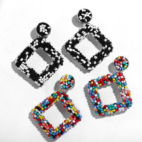 Handmade Beaded Rhombus Drop Earrings Geometric Bohemian Seed Bead Dangle Jewelry For Women