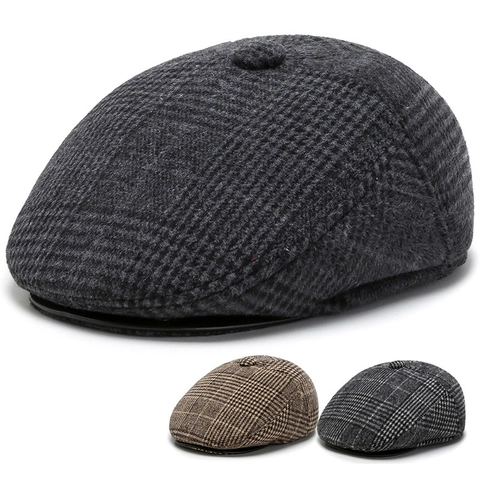 Men Winter Flat Cap Vintage Plaid Duck Tongue Hat With Ear Flaps Warm British Newsboy Cap Thickened Outerwear Hat
