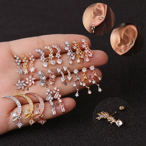 Copper Zircon Stainless Steel Ear Cartilage Helix Piercing Studs Moon Star Heart Jewelry For Women