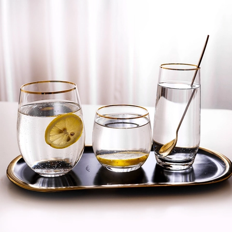 Glas Met Gouden Rand Transparant Waterglas Hittebestendig Loodvrij Ei-vormig Gehamerde Textuur Moderne Drinkbeker
