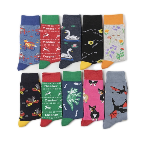 Novelty Crew Socks Cotton Cartoon Animal Chemistry Pattern Breathable Mid Calf Hosiery For Men And Women