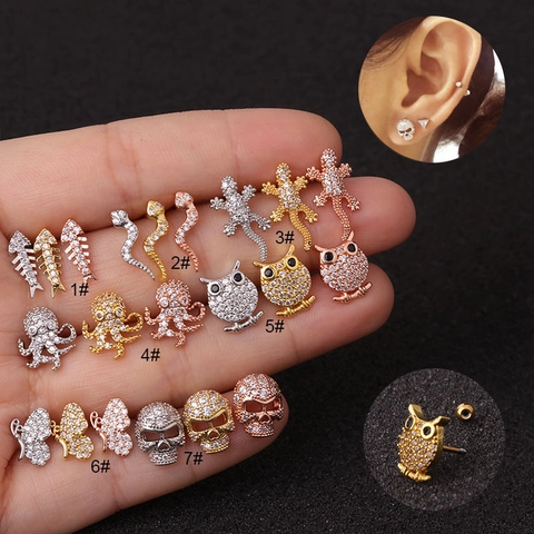 Zircon Animal Ear Cartilage Studs Stainless Steel Copper Piercing Jewelry Skull Snake Lizard Owl For Women