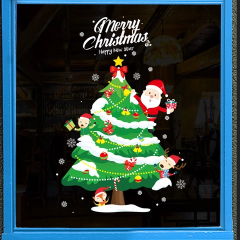 Christmas Window Clings Waterproof PVC Santa Reindeer Tree For Shop Glass Door Wall Decoration Cartoon DIY