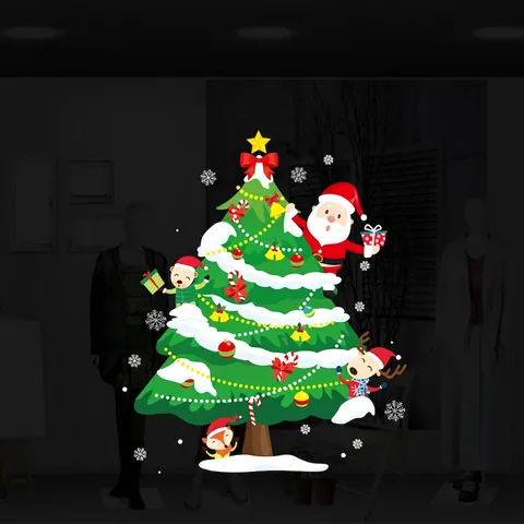 Christmas Window Clings Waterproof PVC Santa Reindeer Tree For Shop Glass Door Wall Decoration Cartoon DIY