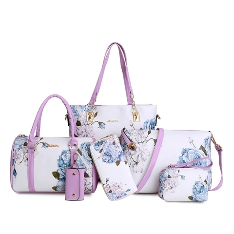 Sac à Main Femme Cuir Synthétique Tote Boston Bag Bandoulière Portefeuille Trousse de Maquillage Étui Clé Imprimé Floral Mode