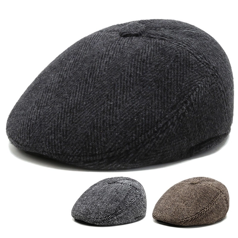 Casquette Plate Hiver Homme Motif Chevrons En Laine Avec Protège-Oreilles Pliables Chaude Doublée Polaire Style Rétro