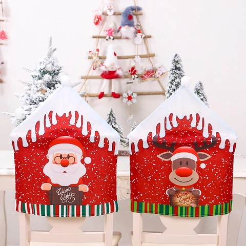 Christmas Chair Back Covers Fabric Santa Snowman Reindeer Festive Dining Room Home Party Decor Warm Wishes Novelty