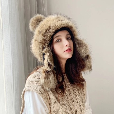 Gorro de Punto Cálido para Mujer con Protección de Oídos Piel Artificial Pompones Estilo Mongol Invierno Aire Libre