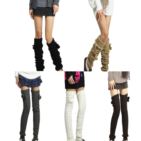 Cable Knit Leg Warmers Acrylic Thick Over The Knee Pom Poms Thermal Japanese Style For Women