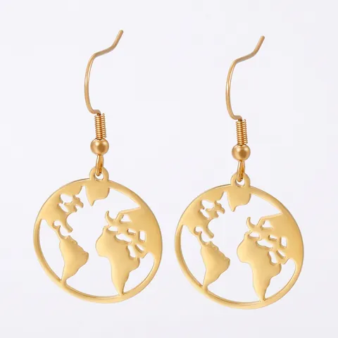 Pendientes De Gancho Con Mapa Del Mundo Redondo Hueco Acero Inoxidable 316L Joyería De Moda Para Mujer