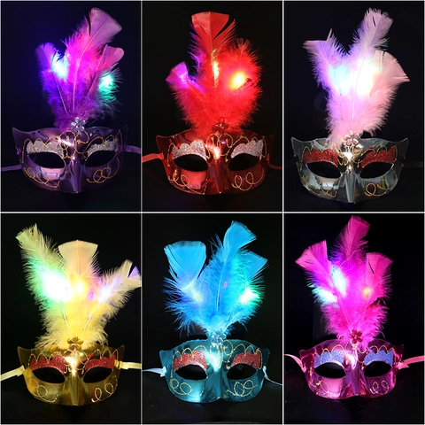 LED Lichtgevend Maskerade Masker Met Gloeiende Veren En Pailletten Voor Halloween Feest Kostuum Venetiaanse Stijl Dames
