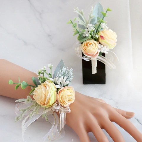 Artificial Rose Boutonniere And Wrist Corsage Satin Flower With Eucalyptus Leaves For Wedding Groom Bridesmaid Party
