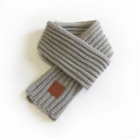 Women Fashion Knitted Wool Scarf Solid Color Ribbed Winter Warm Short Scarf With Leather Label Decorative Scarves For Daily