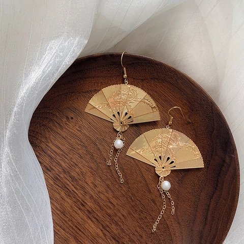 Pendientes Colgantes De Aleación Con Forma De Abanico De Estilo Chino Vintage Con Borla Larga Y Perla Artificial Joyería Tradicional