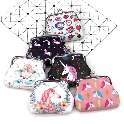 Unicorn Print Coin Purse PU Leather Mini Wallet With Metal Kiss Lock Clasp Small Change Pouch For Kids Women Gift