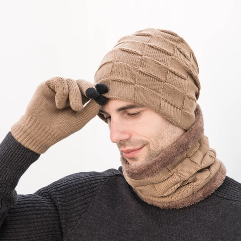 Bonnet Tricoté d'Hiver pour Hommes Tour de Cou Et Gants Tactiles Doublés de Polaire Chaud Acrylique Motif Grille Accessoires