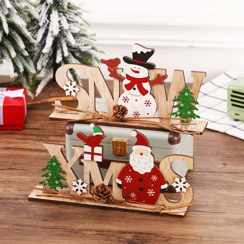 Christmas Wooden Letter Ornament XMAS SNOW Sign Santa Snowman Natural Pine Cones Twigs Desktop Tabletop Holiday Decor