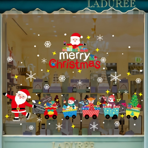 Christmas Window Stickers Static Cling Decals PVC Santa Claus Snowman Train Reusable Festive Glass Door Decoration