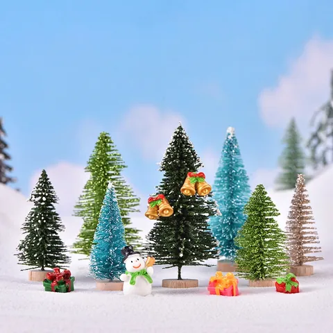 Mini Christmas Tree Plastic Sisal Wood Base Snow Covered Frosted Colorful Micro Landscape Desktop Home Decoration DIY