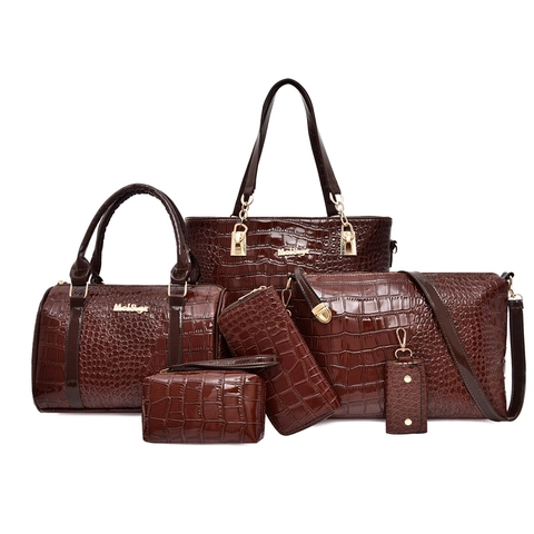 Shiny PU Leather Crocodile Pattern Women Tote Shoulder Crossbody Bag With Wallet Makeup Pouch And Key Holder Elegant