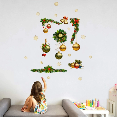 Christmas Wall Stickers PVC Waterproof Wreath Bell Ornament Snowflake Home Shop Window Decoration Festive Holiday