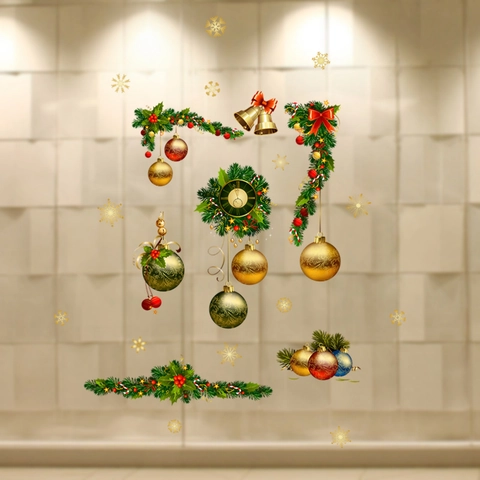 Christmas Wall Stickers PVC Waterproof Wreath Bell Ornament Snowflake Home Shop Window Decoration Festive Holiday