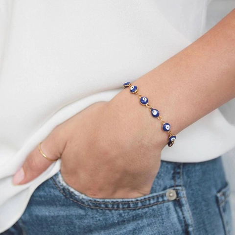 Bracciale Malocchio in Lega di Zinco Bohemian per Donna Braccialetto con Ciondolo Occhi Blu Smalto Turco Amuletto Placcato Oro Argento Rosa Gioielli