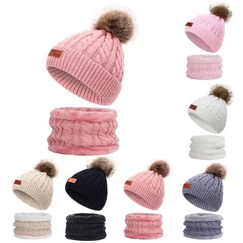 Winterliche Strickmütze Schal Und Handschuhe Für Kinder Warm Fleece Gefüttert Beanie Mit Kunstfellbommel Outdoor
