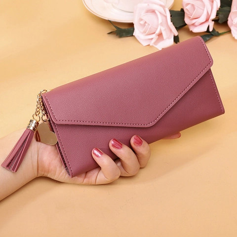 Lange Dames Portemonnee PU Leer Lychee Patroon Enveloppe Vouwen Portemonnee Met Kwastje Hart Hanger Mode