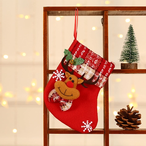 Christmas Stockings Fabric Plush 3D Cartoon Santa Snowman Reindeer Bear Bell Checkered Snowflake Holiday Home Decor Cute